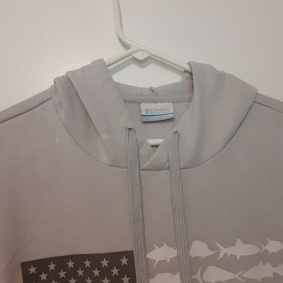 Columbia PFG Hoodie Mens Medium Gray American Flag Fish Pattern Sweatshirt - Picture 4 of 10